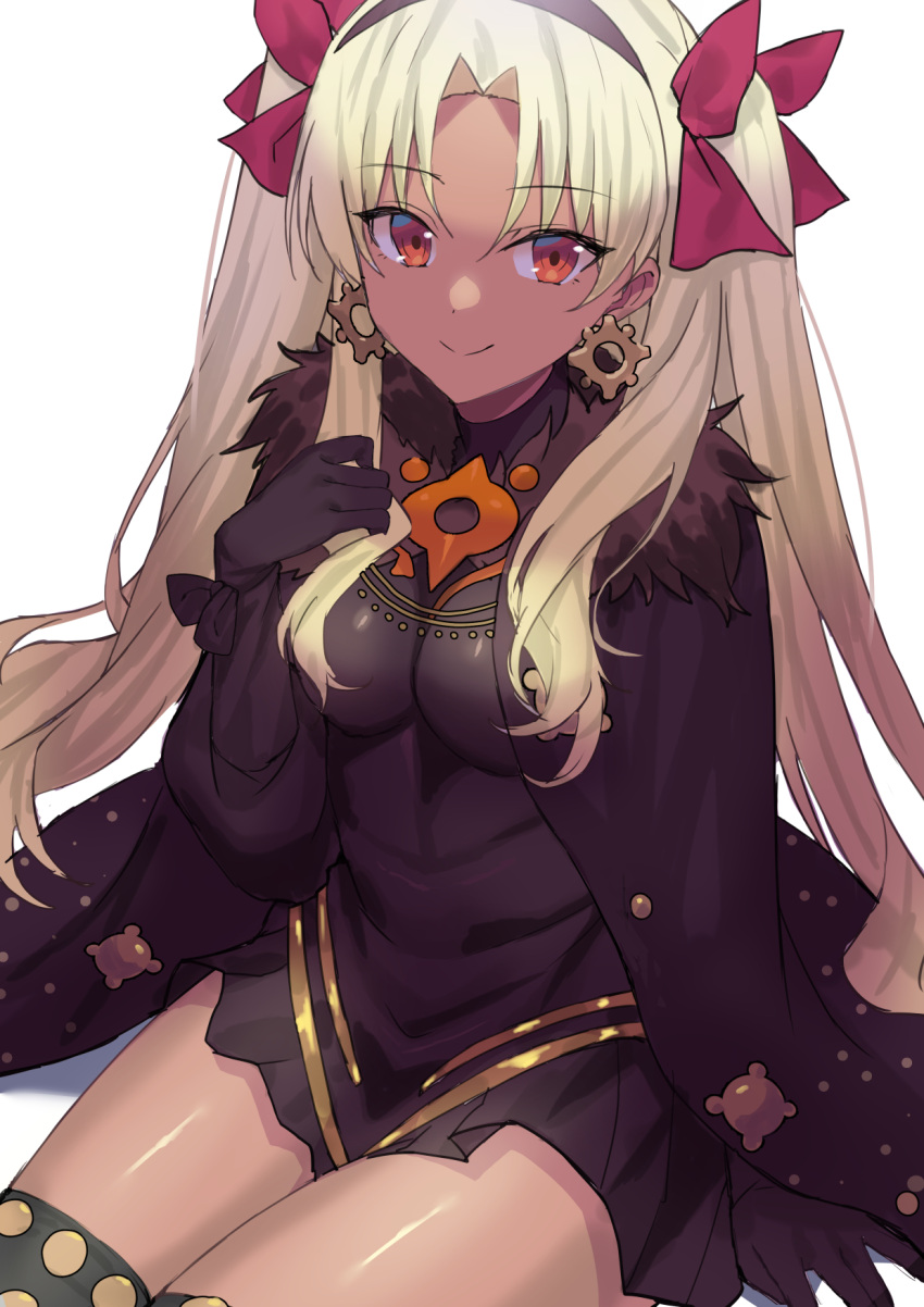 1girl bangs beppu_mitsunaka black_cape black_dress black_gloves black_thighhighs blonde_hair breasts cape dark-skinned_female dark_skin dress earrings ereshkigal_(fate) ereshkigal_alter_(fate) fate/grand_order fate_(series) fur-trimmed_cape fur_trim gloves hair_ribbon highres hoop_earrings jewelry long_hair long_sleeves looking_at_viewer medium_breasts parted_bangs red_eyes ribbon sitting smile solo thighhighs thighs tiara two_side_up