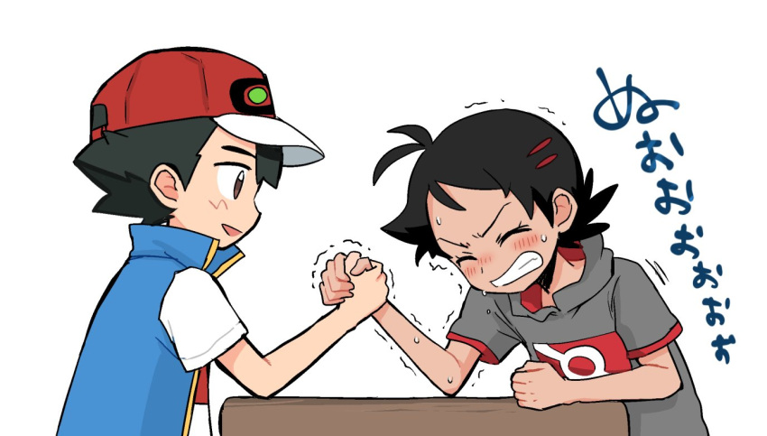 2boys antenna_hair arm_wrestling ash_ketchum black_hair blue_jacket blush brown_eyes clenched_teeth closed_eyes commentary eyelashes from_side goh_(pokemon) grey_shirt hand_up hat holding_hands jacket male_focus multiple_boys open_mouth pokemon pokemon_(anime) pokemon_journeys pokesumomo red_headwear shirt short_hair short_sleeves sleeveless sleeveless_jacket smile sweat symbol-only_commentary t-shirt teeth translation_request trembling white_background white_shirt