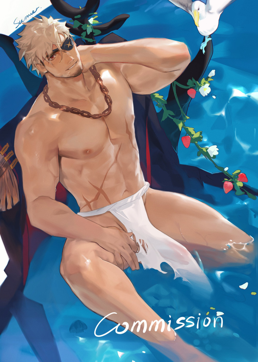 1boy abs absurdres bara bara_pirate bird blonde_hair chain_necklace clothes_removed coat code2_ip commission_watermark eyepatch feet_out_of_frame from_above half-erect hand_on_own_neck highres jewelry large_pectorals looking_at_viewer male_focus mature_male multicolored_hair muscular muscular_male navel necklace nipples original partially_submerged pectorals pelvic_curtain penis penis_peek pirate red_eyes scar scar_on_chest scar_on_stomach see-through short_hair sitting smile solo stomach thick_eyebrows two-tone_hair wet_male_swimwear