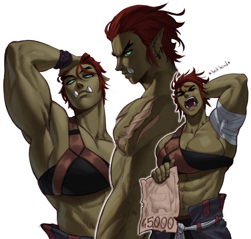 1girl abs absurdres among_us arm_behind_head armor bandaged_arm bandages breastplate breasts cleavage colored_skin crewmate_(among_us) female_orc green_eyes green_skin highres holding holding_paper large_breasts looking_at_viewer midriff multiple_views muscular muscular_female open_mouth orc original paper red_hair short_hair simple_background sotcho tusks wanted white_background