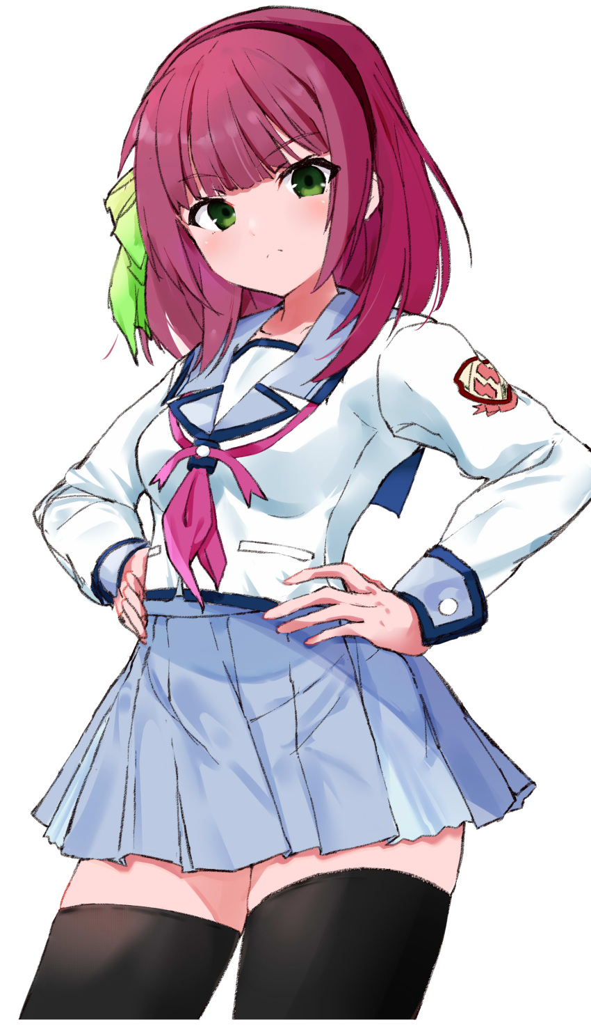 1girl absurdres angel_beats! black_hairband black_thighhighs blue_sailor_collar blue_skirt blunt_bangs blush bow breasts closed_mouth cowboy_shot frown green_bow green_eyes hair_bow hairband hands_on_own_hips highres long_sleeves looking_at_viewer medium_breasts medium_hair miniskirt nakamura_yuri neckerchief pink_neckerchief pleated_skirt purple_hair sailor_collar shinda_sekai_sensen_uniform shirt simple_background skirt solo standing straight_hair thighhighs white_background white_shirt zenoo zettai_ryouiki