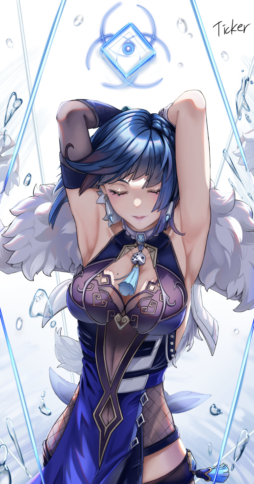 1girl armpits arms_up bare_shoulders blue_hair breasts cleavage cleavage_cutout closed_eyes clothing_cutout commentary elbow_gloves fur_trim genshin_impact gloves highres large_breasts parted_lips pink_lips revision simple_background sleeveless smile solo ticker_(kks2ksy) upper_body white_background yelan_(genshin_impact)