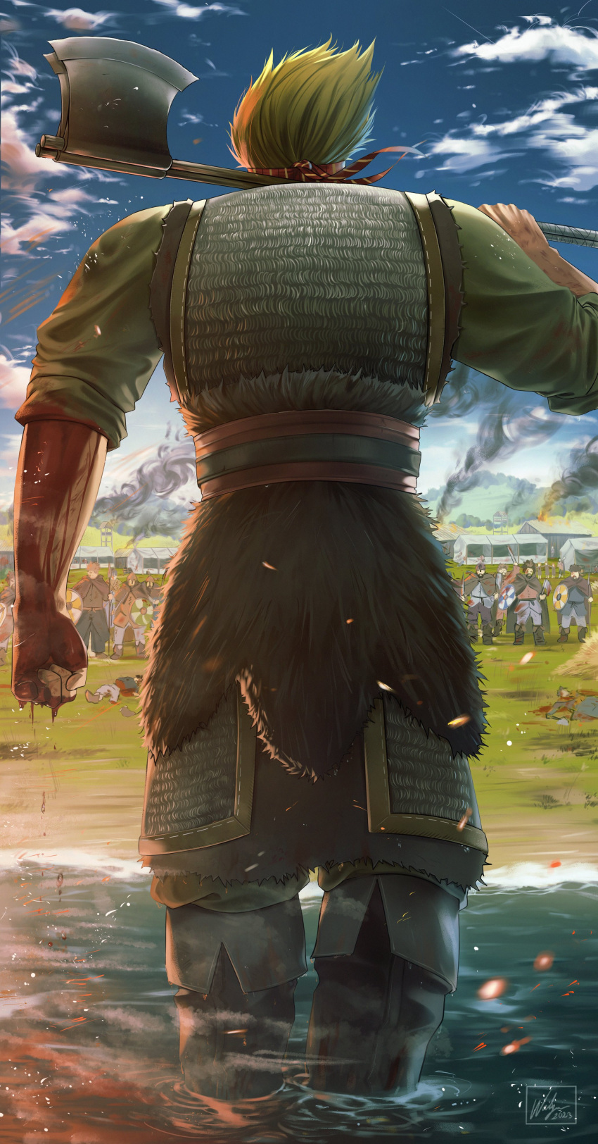 1boy absurdres army axe back back_focus battle_axe blonde_hair blood blood_on_arm cloud cloudy_sky crowd embers facial_hair facing_away from_behind headband highres holding holding_axe imminent_fight male_focus over_shoulder short_hair sky solo spiked_hair thorkell viking vinland_saga wading waligner walking weapon weapon_over_shoulder