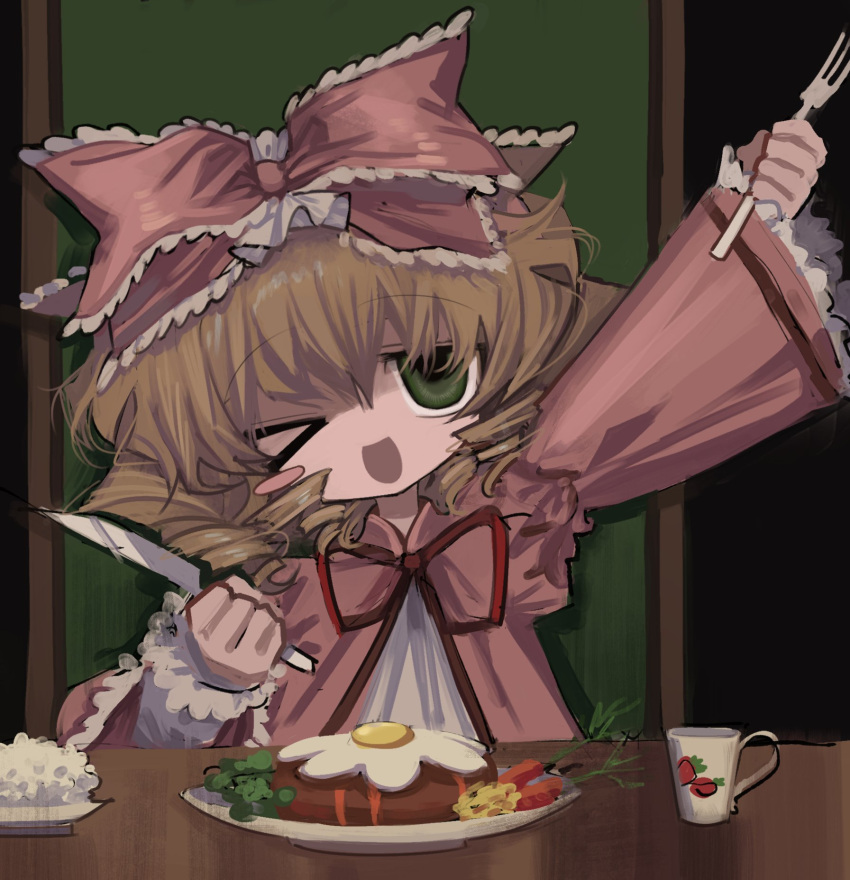 1girl black_background blonde_hair bow carrot chair coat commentary_request cup drill_hair flat_chest fork fried_egg frilled_bow frills green_eyes hair_between_eyes hair_bow hamburger_steak highres hinaichigo holding holding_fork holding_knife knife lolita_fashion long_sleeves looking_at_viewer medium_bangs medium_hair meyou_0319 neck_ribbon one_eye_closed open_mouth pink_bow pink_coat plate quad_drills red_ribbon ribbon rozen_maiden simple_background single_blush_sticker smile solo table teacup upper_body