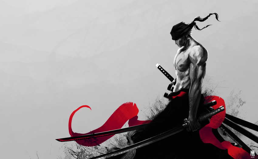 1boy abs absurdres bandana biceps clothes_down dual_wielding earrings facing_ahead feet_out_of_frame floating_clothes from_side greyscale highres holding holding_sword holding_weapon japanese_clothes jewelry katana kimono large_pectorals male_focus monochrome muscular muscular_male nipples one_piece open_clothes open_kimono pectorals profile rainbowrocketz roronoa_zoro shaded_face sheath sheathed short_hair solo spot_color standing stitches sword third-party_source topless_male triceps veins veiny_arms weapon