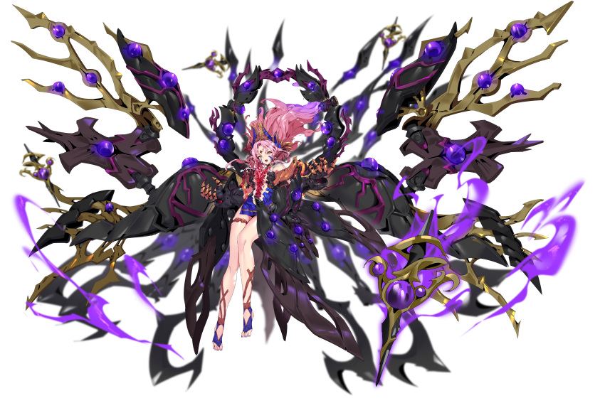 absurdres alternate_form armored_gloves artery_gear artery_gear:_fusion blue_dress claws dress floating floating_object floating_weapon halo highres long_hair mecha_musume mechanical_halo mechanical_wings open_mouth purple_hair rigging thighlet wing_hair_ornament wings xingyao_liu_(artery_gear) yellow_eyes zhu_fun