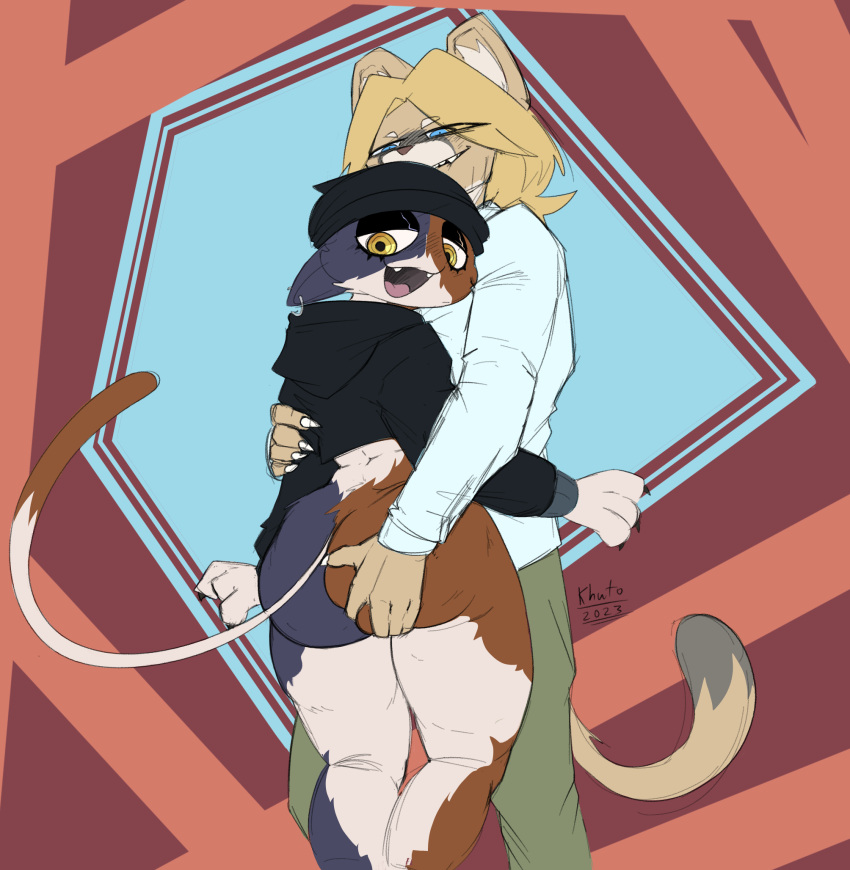 anthro big_butt bite biting_lip biting_own_lip black_clothing black_hat black_headwear black_hoodie black_topwear blonde_hair blue_background blue_clothing blue_eyes blue_topwear bottomless bottomwear brown_body brown_fur butt butt_grab cheek_tuft clothed clothing dipstick_tail domestic_cat duo ear_piercing epic_games facial_tuft fangs felid feline felis female fortnite fur green_bottomwear green_clothing green_pants grey_body grey_fur hair hand_on_butt hat headgear headwear hi_res hoodie huge_butt khutokun looking_back male mammal markings meow_skulls_(fortnite) narrowed_eyes open_mouth pants piercing pink_background simple_background tail tail_markings tan_body tan_fur teeth thick_thighs topwear tuft white_body white_fur wide_hips yellow_eyes