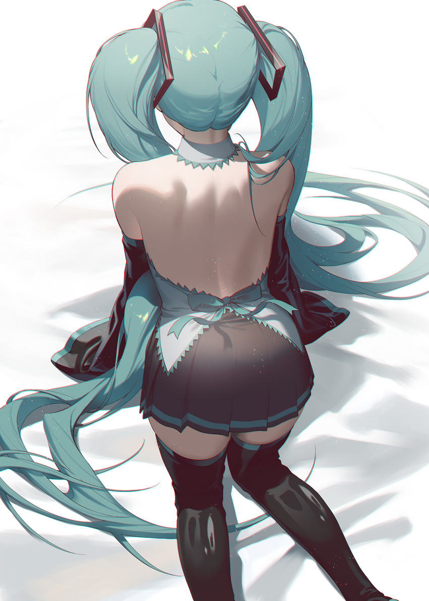 1girl aqua_hair ass back backless_outfit bare_shoulders black_skirt black_thighhighs detached_sleeves fajyobore feet_out_of_frame from_behind hair_ornament hatsune_miku highres long_hair long_sleeves pleated_skirt skirt sleeves_past_fingers sleeves_past_wrists solo thighhighs thighs twintails vocaloid