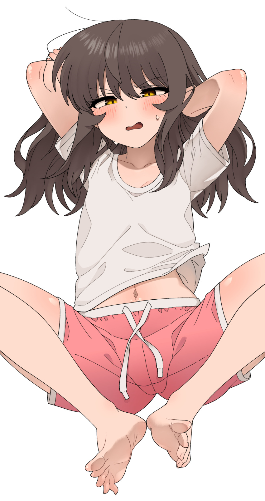 1girl absurdres ahoge arms_up barefoot blush brown_hair collarbone drawstring hair_between_eyes han_nuri highres long_hair looking_at_viewer midriff_peek nakta navel open_mouth original pink_shorts shirt shorts sidelocks simple_background solo squinting sweatdrop t-shirt white_background white_shirt yellow_eyes you're_under_my_skin!