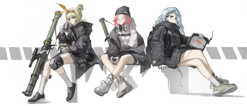 3girls absurdres bandaid bandaid_on_face bandaid_on_nose beanie black_jacket blonde_hair blue_hair closed_eyes computer countryman_(artist) field_ration full_body girls'_frontline gloves grin hat headphones headphones_around_neck highres holding_laptop hood hood_down hooded_jacket hoodie jacket kettle knee_pads laptop long_hoodie looking_at_viewer mk_153_(girls'_frontline) multiple_girls pink_hair rocket_launcher second-party_source shoes simple_background single_knee_pad smile sneakers socks tactical_clothes weapon white_background white_gloves woollen_cap