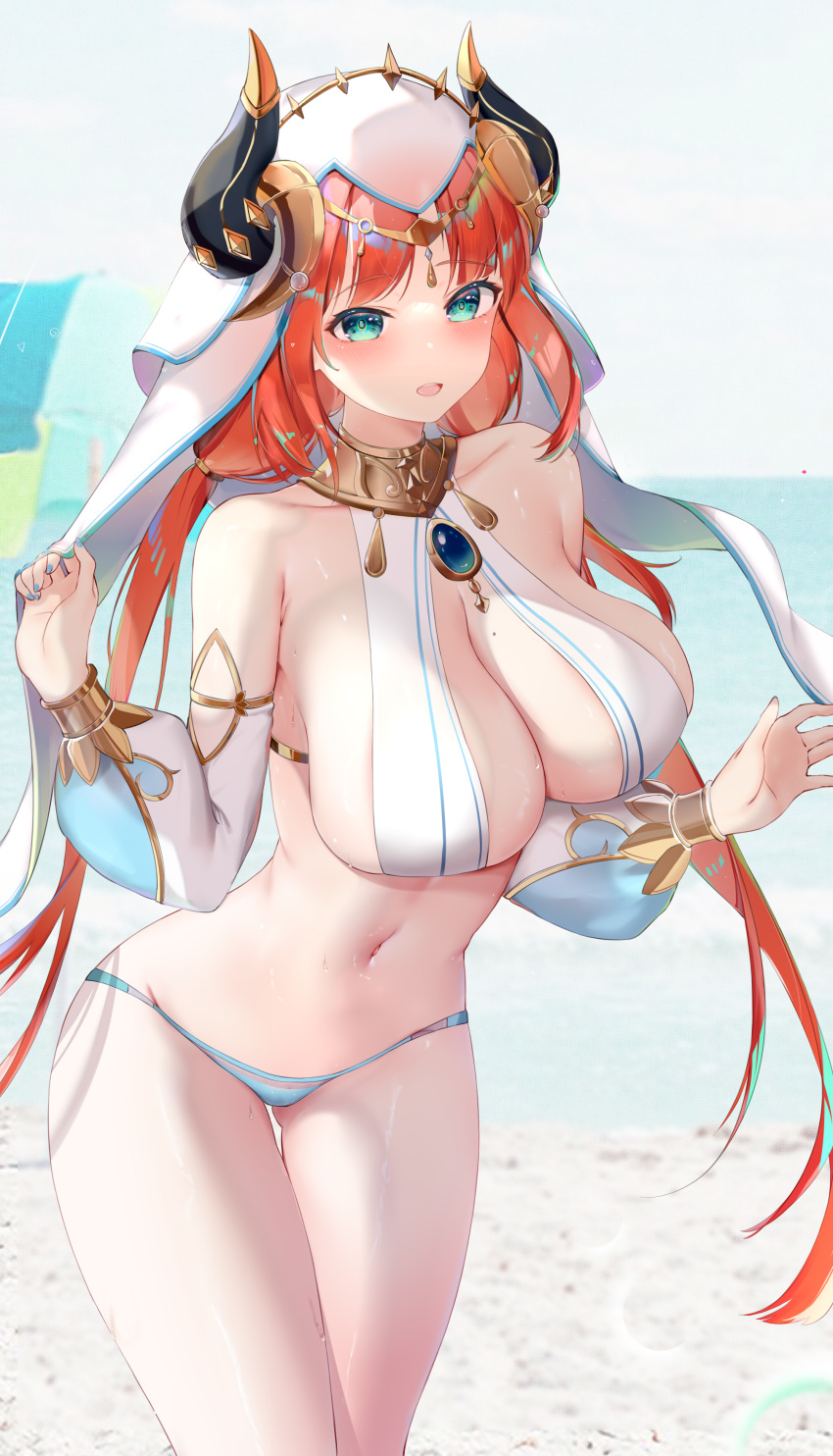 1girl absurdres beach bikini blue_gemstone blue_veil blush breasts circlet fake_horns gem genshin_impact gold_trim highres horns jewelry large_breasts long_sleeves looking_at_viewer navel neck_ring nilou_(genshin_impact) open_mouth outdoors puffy_long_sleeves puffy_sleeves red_hair smile solo stomach swimsuit thigh_gap thighs twintails usagi_poi veil wet white_veil