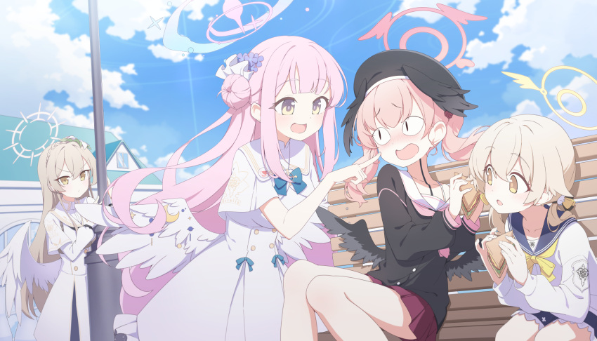 &lt;|&gt;_&lt;|&gt; bench beret black_headwear black_wings blonde_hair blue_archive blue_sailor_collar blush breasts brown_hair building closed_mouth cloud day dress feathered_wings flower food gradient_hair hair_bun halo hat head_wings hifumi_(blue_archive) highres holding holding_food koharu_(blue_archive) long_hair long_sleeves mika_(blue_archive) mini_wings multicolored_hair multiple_girls nagisa_(blue_archive) neckerchief nose_blush open_mouth outdoors pink_hair quarterlift sailor_collar sandwich school_uniform serafuku single_side_bun sitting skirt sky standing twintails very_long_hair white_dress white_sailor_collar white_wings wing_ornament wings yellow_eyes