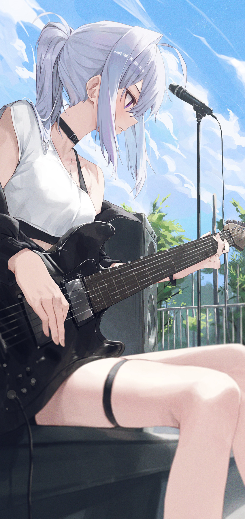 1girl absurdres ahoge bare_legs bare_shoulders black_choker black_jacket black_shirt blurry breasts choker crop_top day depth_of_field electric_guitar from_side gnns guitar highres ine_(vtuber) instrument jacket long_hair looking_down microphone_stand music off_shoulder outdoors parted_lips playing_instrument ponytail profile purple_eyes shirt short_sleeves sidelocks single_sleeve sitting skindentation small_breasts solo speaker thigh_strap thighs undershirt virtual_youtuber waktaverse white_hair white_shirt