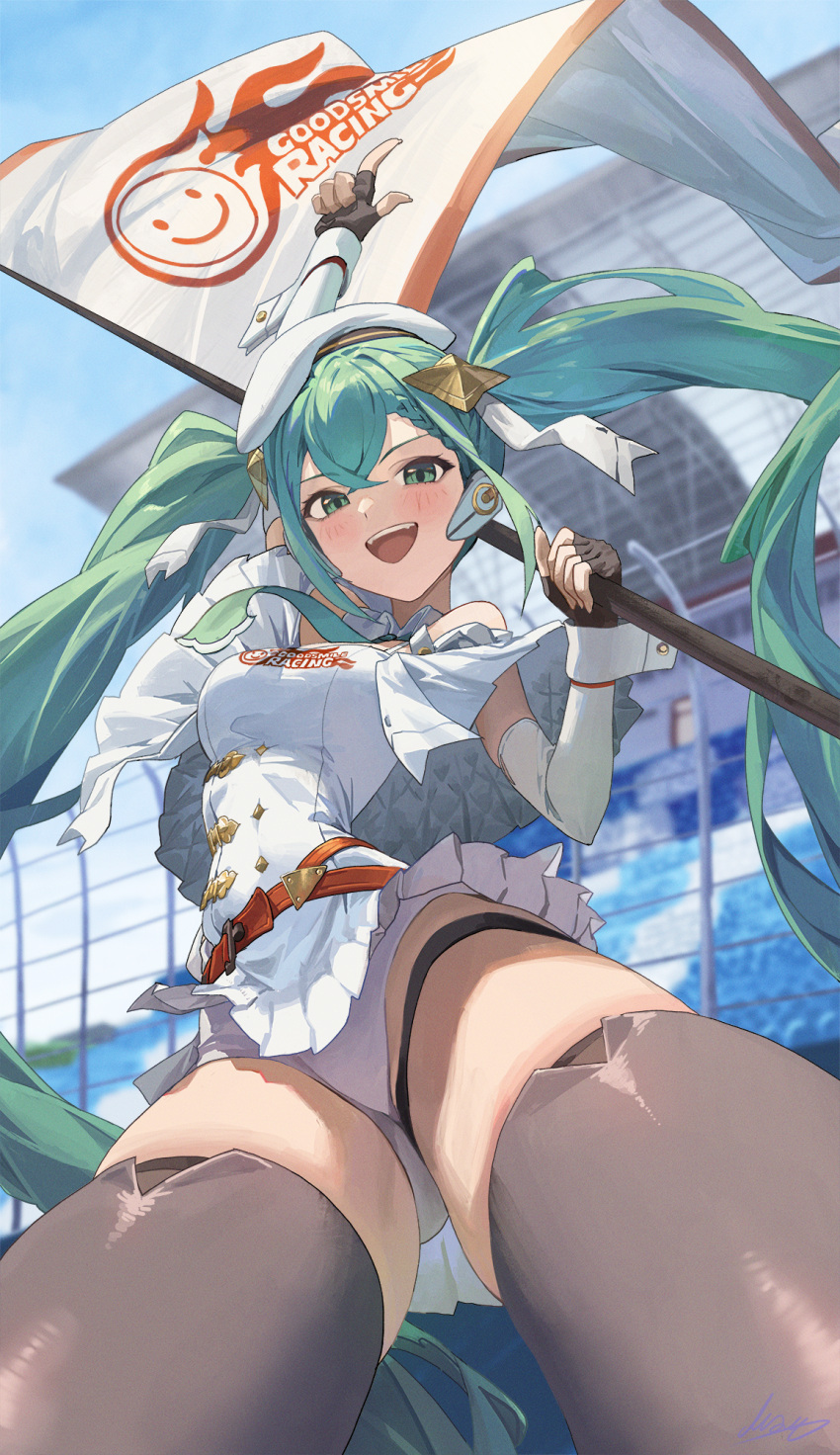 1girl aqua_eyes aqua_hair black_gloves bodysuit boots breasts dress elbow_gloves fingerless_gloves frilled_dress frills gloves goodsmile_racing hatsune_miku highres holding holding_pole long_hair looking_at_viewer m.q_(mqkyrie) open_mouth pole race_queen racing_miku smile solo thigh_boots thighhighs twintails very_long_hair vocaloid