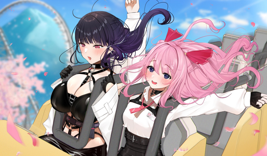 2girls amusement_park bare_shoulders belt black_hair blush breasts chain cherry_blossoms cleavage collar curvy dominatrix flat_chest gloves goddess_of_victory:_nikke hand_up high-waist_shorts highres large_breasts mihara_(nikke) mole mole_under_mouth mountain multiple_girls pink_hair roller_coaster scared short_shorts shorts small_breasts smile symbol-shaped_pupils tears uiri-na uniform yuni_(nikke)