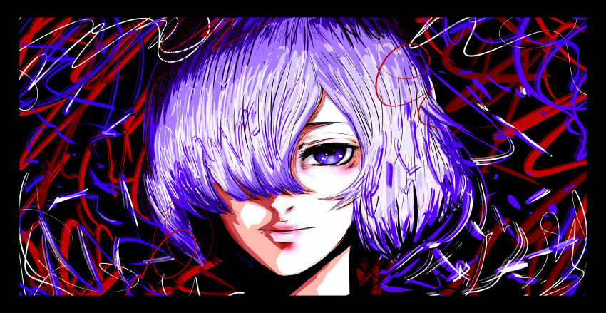 1girl absurdres black_border border closed_mouth euqarcia hair_over_one_eye highres kirishima_touka multicolored_background pink_hair portrait purple_eyes purple_hair smile solo tokyo_ghoul