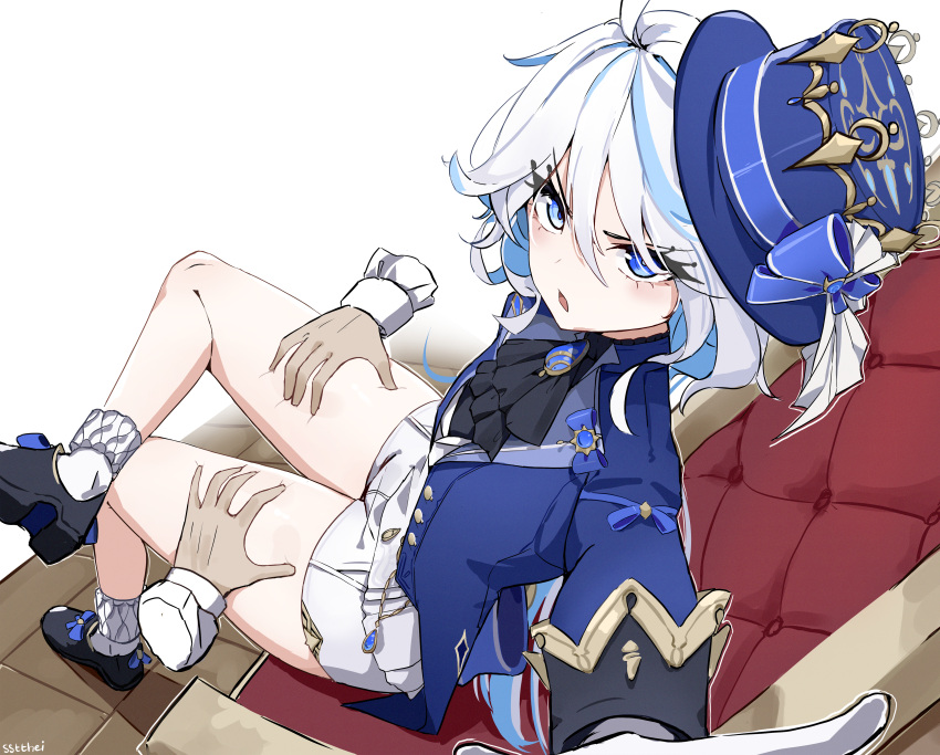 1girl 1other absurdres ahoge blue_eyes blue_hair blue_headwear blush chair furina_(genshin_impact) genshin_impact gloves hair_between_eyes hat highres light_blue_hair looking_at_viewer multicolored_hair open_mouth shoes sitting sstthei streaked_hair thigh_grab thighs white_gloves white_hair