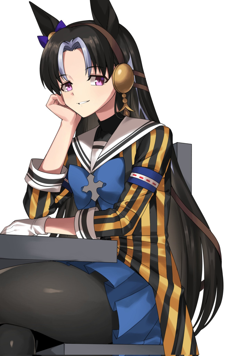 1girl animal_ears armband black_coat black_hair black_pantyhose blue_armband blue_bow blue_bowtie bow bowtie chair coat commentary_request cross_ornament crossed_legs ear_bow feet_out_of_frame fukuro_(maruaru00) genderswap genderswap_(mtf) gloves grin hair_intakes hand_on_own_cheek hand_on_own_face head_rest headgear highres horse_ears horse_girl light_purple_hair long_hair long_sleeves original pantyhose personification purple_bow purple_eyes reins sailor_collar sideways_glance simple_background single_glove sitting smile solo stay_gold_(racehorse) striped_coat two-tone_coat umamusume white_background white_gloves white_sailor_collar yellow_coat