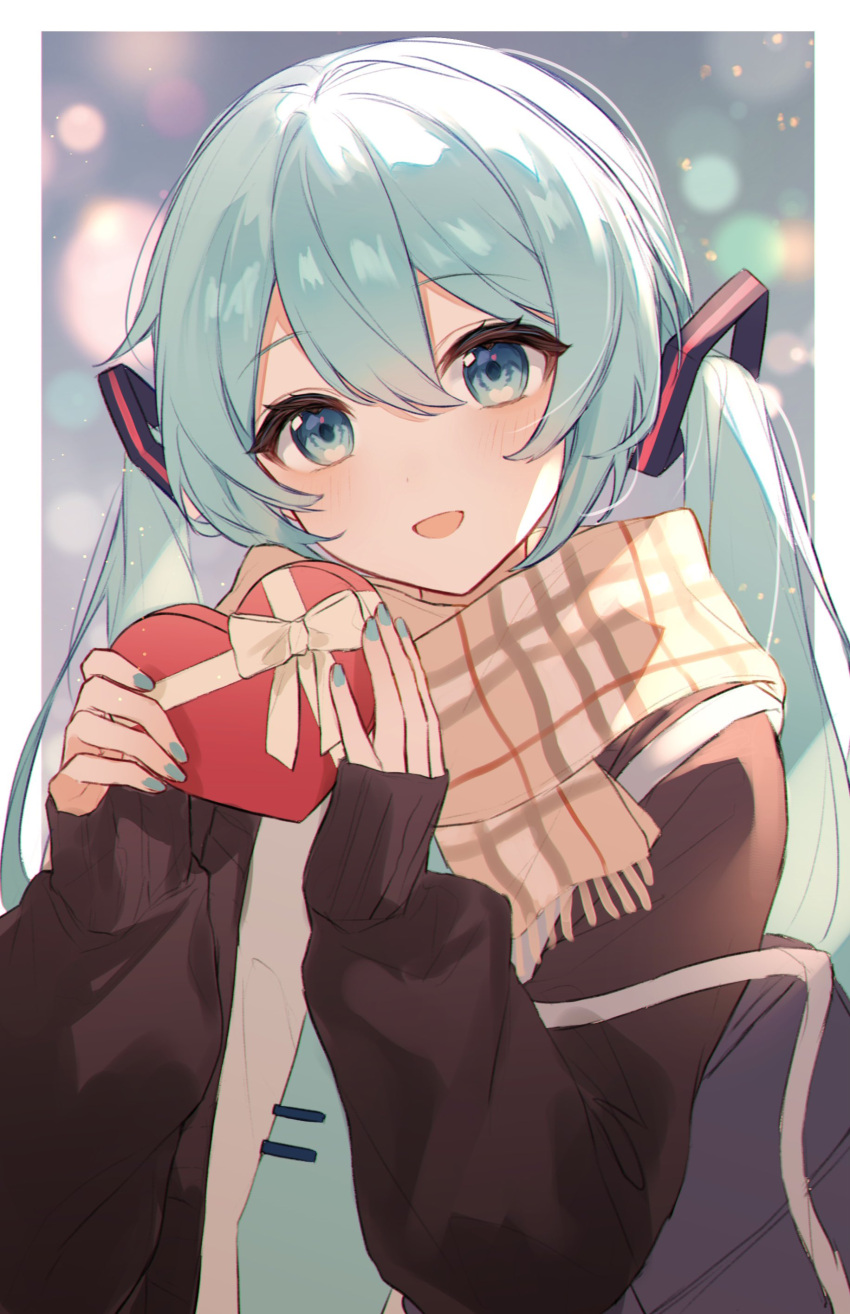 1girl absurdres aqua_eyes aqua_hair aqua_nails aqua_necktie bangs black_jacket blush box casual commentary gift hair_between_eyes hair_ornament harutoto hatsune_miku heart-shaped_box highres holding holding_box holding_gift jacket light_particles long_hair long_sleeves looking_at_viewer necktie open_mouth scarf solo symbol-only_commentary twintails upper_body valentine vocaloid