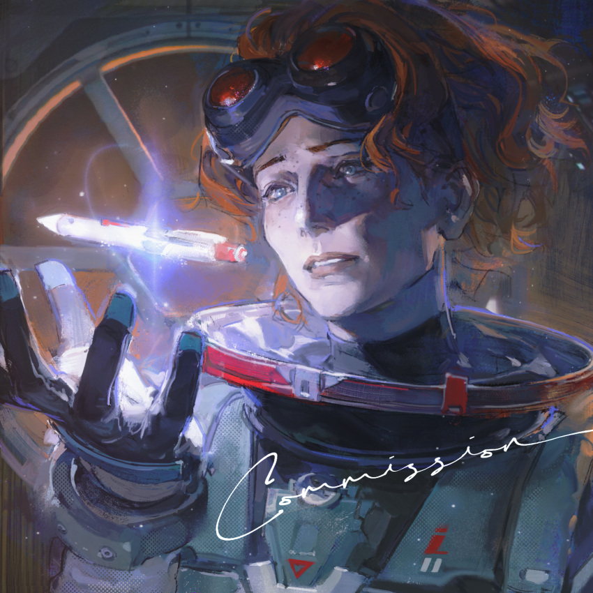 1girl apex_legends black_gloves commission creamyghost floating freckles frown gloves glowing goggles goggles_on_head head_tilt highres horizon_(apex_legends) orange_hair pen portrait realistic shadow short_hair solo space spacesuit star_(sky) window