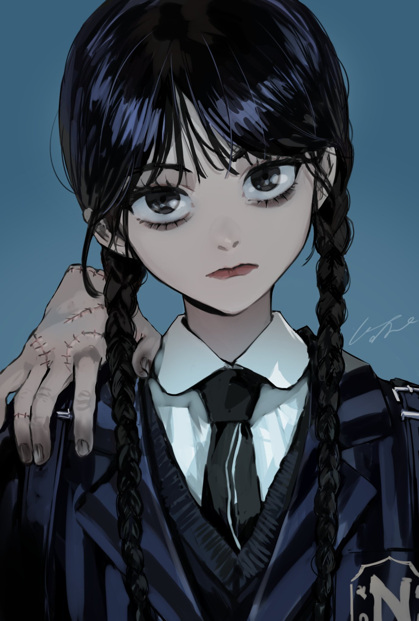 1girl addams_family bags_under_eyes black_eyes black_hair black_necktie braid disembodied_limb gothic highres jacket long_hair long_sleeves looking_at_viewer necktie nevermore_academy_school_uniform pomu school_uniform striped striped_jacket thing_(addams_family) twin_braids wednesday_(netflix) wednesday_addams