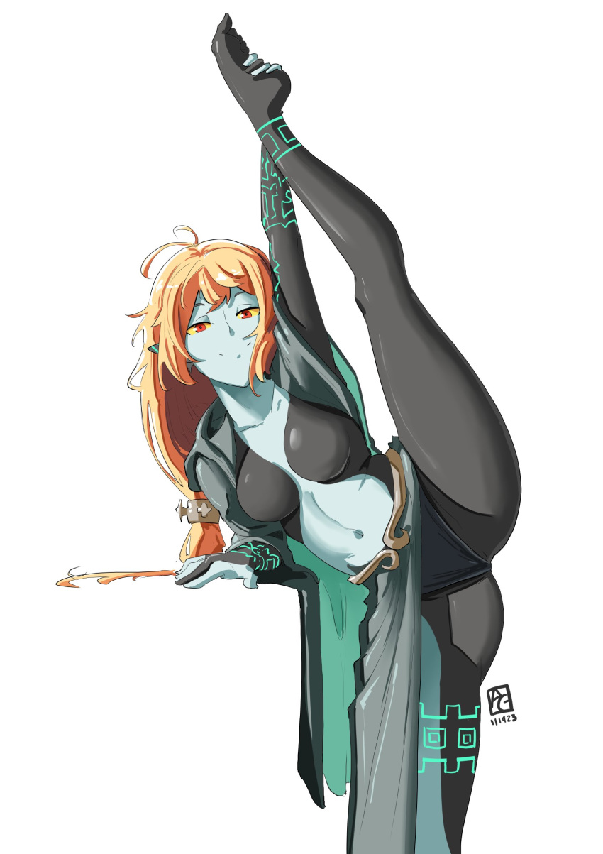 1girl aqua_skin arm_support arm_up artist_logo automatic_giraffe barefoot black_panties black_skin breasts closed_mouth colored_sclera colored_skin dated flexible green_skin highres leaning_to_the_side leg_hold leg_up long_hair low-tied_long_hair medium_breasts midna midna_(true) multicolored_skin open_clothes orange_hair outstretched_arm outstretched_leg panties pointy_ears red_eyes smile solo split spread_legs standing standing_on_one_leg standing_split stretching the_legend_of_zelda the_legend_of_zelda:_twilight_princess toes underwear very_long_hair wide_spread_legs yellow_sclera