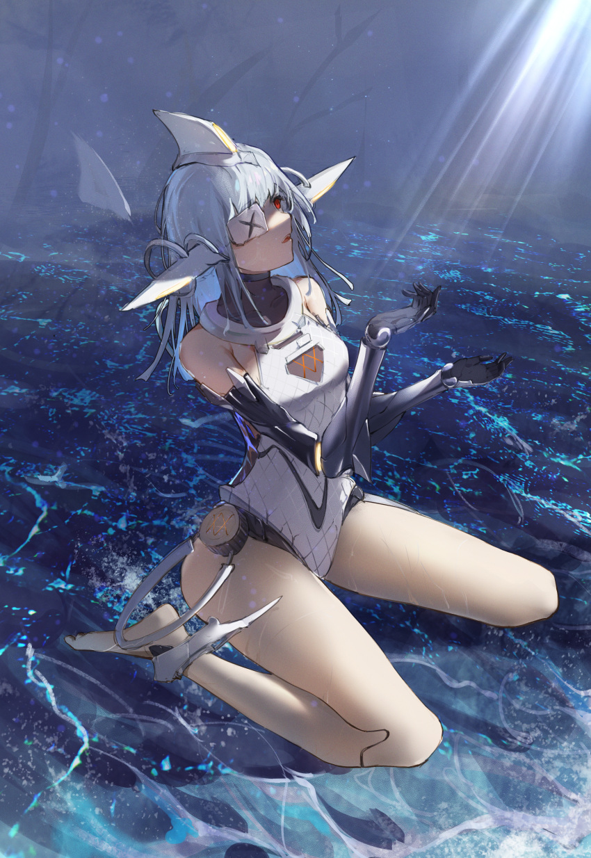 1girl absurdres alina_(girls'_frontline) alina_(mosasaur_rider)_(girls'_frontline) anklet barefoot breasts commentary fins flantia girls'_frontline head_fins headgear highres jewelry joints kneeling legs light_rays long_hair looking_up mechanical_arms medium_breasts metal_eyepatch nyto_(girls'_frontline) ocean official_alternate_costume one-piece_swimsuit open_hands paradeus parted_lips red_eyes robot_joints sitting_on_water solo swimsuit water white_hair white_one-piece_swimsuit