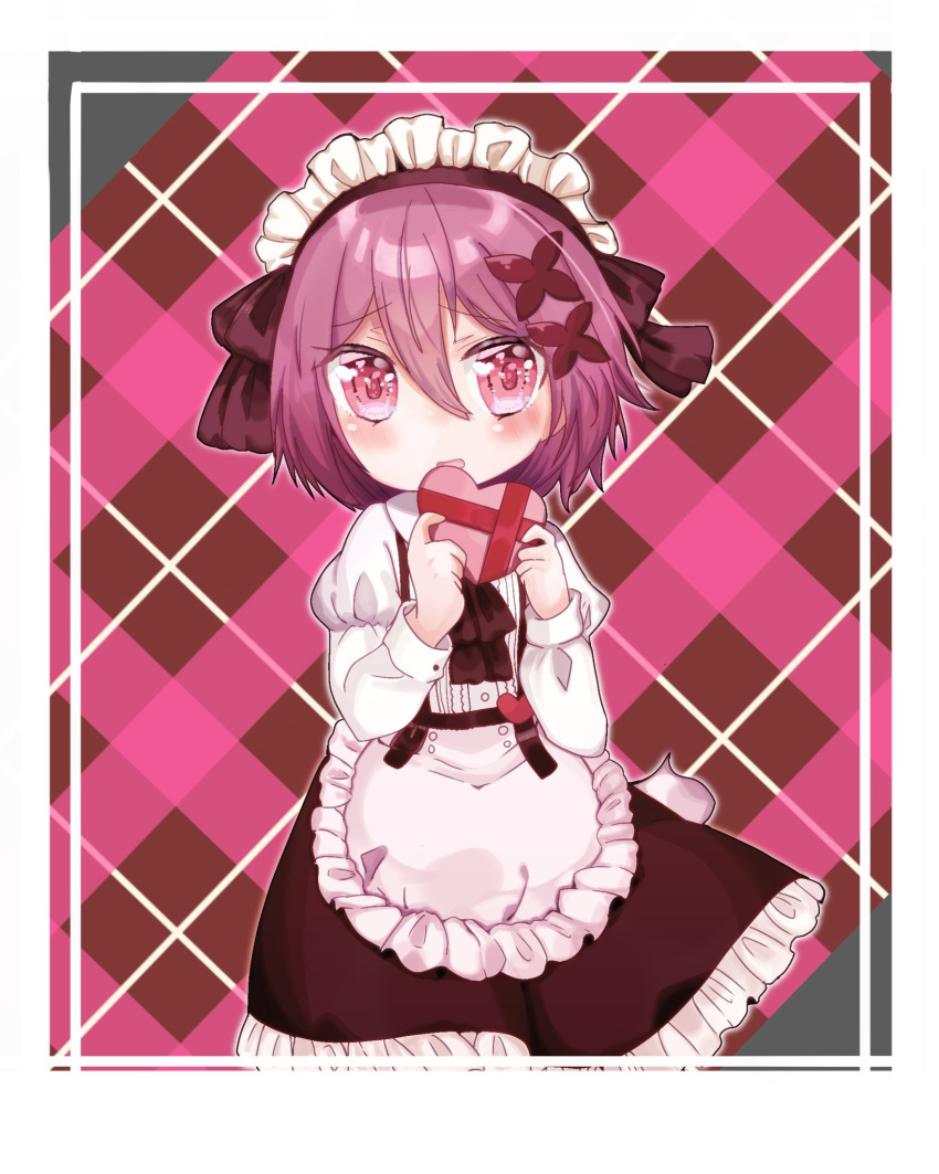 1girl apron blush bow bowtie brown_bow brown_bowtie candy chocolate covering_mouth food frills glass_ameba hair_ornament hair_ribbon heart heart-shaped_chocolate highres holding holding_chocolate holding_food juliet_sleeves long_sleeves maid maid_apron maid_headdress ookurikara_(tenka_hyakken) open_mouth puffy_sleeves raised_eyebrows red_eyes red_hair ribbon short_hair sleeve_cuffs solo tenka_hyakken x_hair_ornament