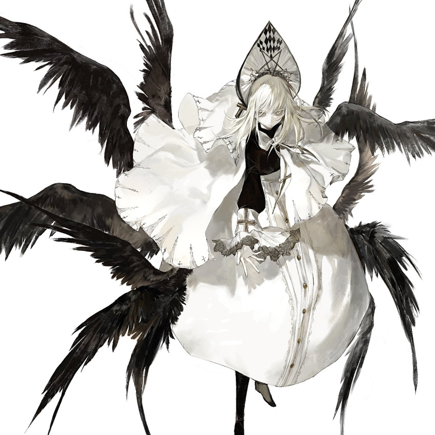 1girl black_footwear black_wings buttons closed_mouth highres inverted_pentagram long_sleeves multiple_wings original raivarune simple_background solo white_background white_hair wings