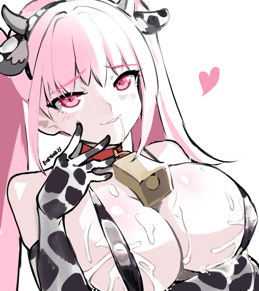 1girl animal_ears animal_print arm_under_breasts bell breasts cleavage cow_ears cow_horns cow_print cowbell drooling eudetenis fire_emblem fire_emblem:_three_houses highres hilda_valentine_goneril horns lactation lactation_through_clothes large_breasts pink_eyes pink_hair revealing_clothes saliva saliva_trail sideboob slingshot_swimsuit solo swimsuit twintails