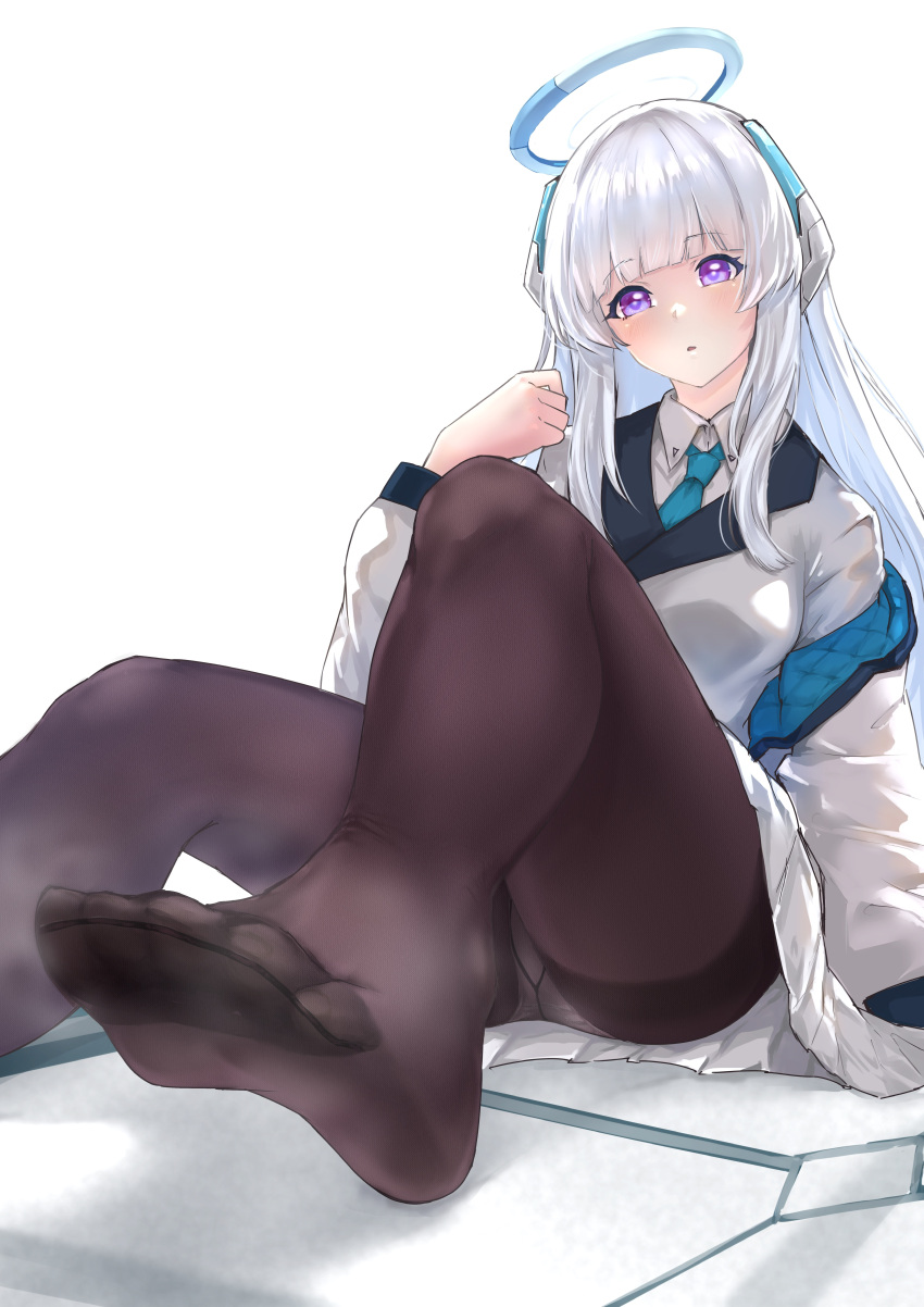 1girl absurdres arm_support blue_archive blue_necktie blunt_bangs blush breasts brown_pantyhose collared_shirt commentary_request feet foot_focus foot_out_of_frame foreshortening gedo_philosophy grey_hair halo hand_up highres jacket knee_up legs long_hair necktie no_shoes noa_(blue_archive) off_shoulder on_ground panties panties_under_pantyhose pantyhose pleated_skirt shirt simple_background sitting skirt smell soles solo steaming_body thighs tile_floor tiles toes underwear white_background white_jacket white_shirt white_skirt