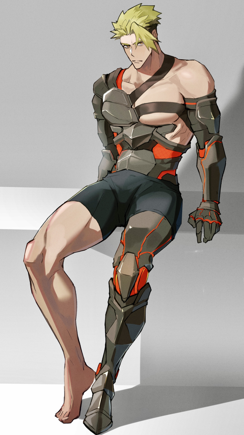 1boy absurdres achilles_(fate) angry arm_support bags_under_eyes barefoot black_shorts brown_eyes closed_mouth collarbone fate/apocrypha fate_(series) frown full_body green_hair grey_background haruakira highres large_pectorals looking_at_viewer male_focus muscular muscular_male pectorals prosthesis prosthetic_arm prosthetic_leg short_hair shorts simple_background sitting solo undercut