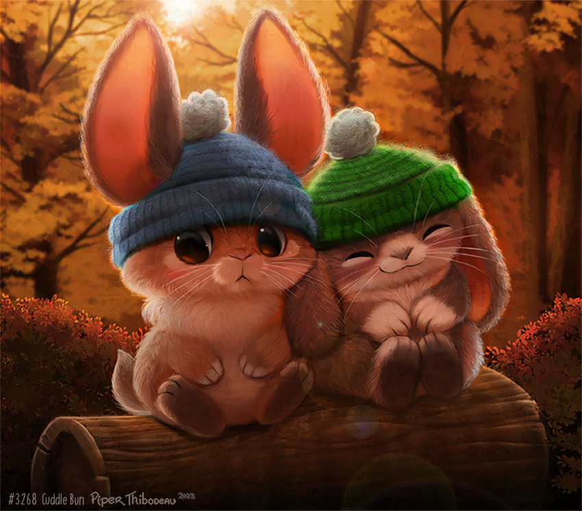 2023 ambiguous_gender anthro autumn brown_body brown_eyes brown_fur clothing cryptid-creations duo english_text eyes_closed floppy_ears fur grey_body grey_fur hat hat_only headgear headgear_only headwear headwear_only hi_res lagomorph leaning_on_another leporid log lop_ears mammal mostly_nude outside plant rabbit shrub smile tan_body tan_fur text tree whiskers white_body white_fur wood