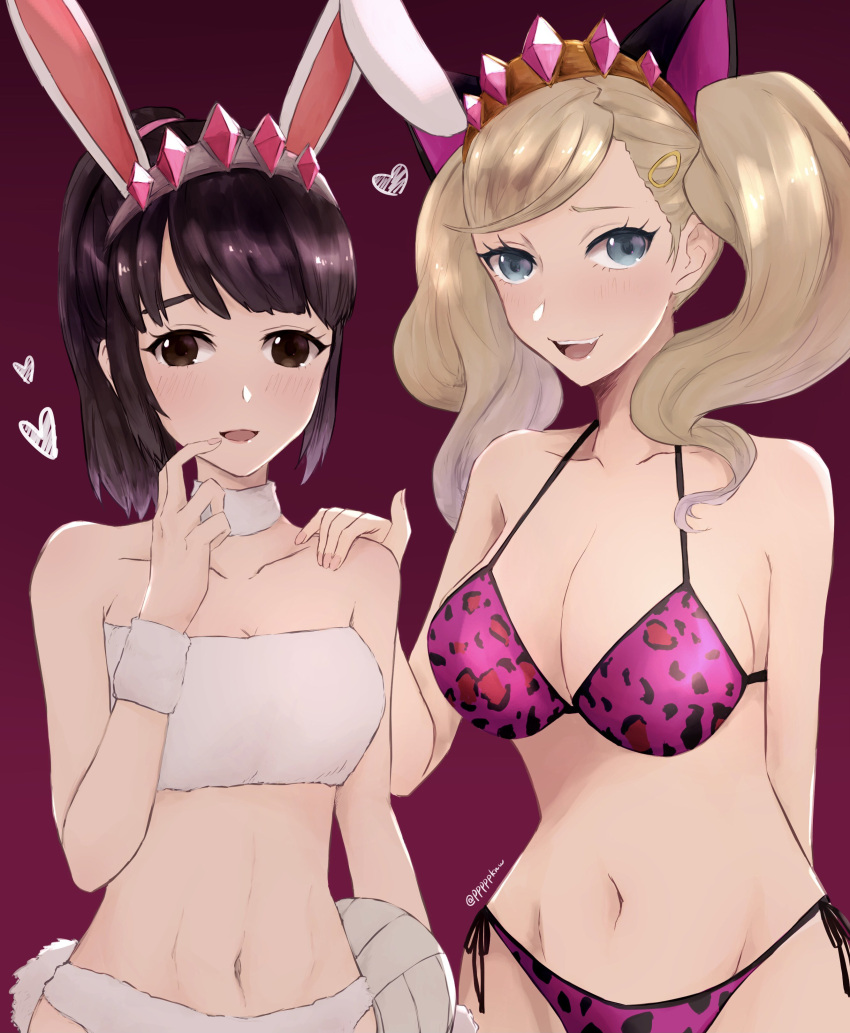2girls :d absurdres animal_ears animal_print bare_shoulders bikini black_hair blonde_hair blue_eyes breasts brown_eyes cat_ears collarbone fake_animal_ears fur_bikini fur_choker hand_on_another's_shoulder heart highres large_breasts leopard_print looking_at_viewer multiple_girls navel open_mouth persona persona_5 persona_5_the_royal ponytail pppppknw print_bikini purple_background purple_bikini rabbit_ears rabbit_tail small_breasts smile stomach suzui_shiho swimsuit tail takamaki_anne tiara twintails white_bikini