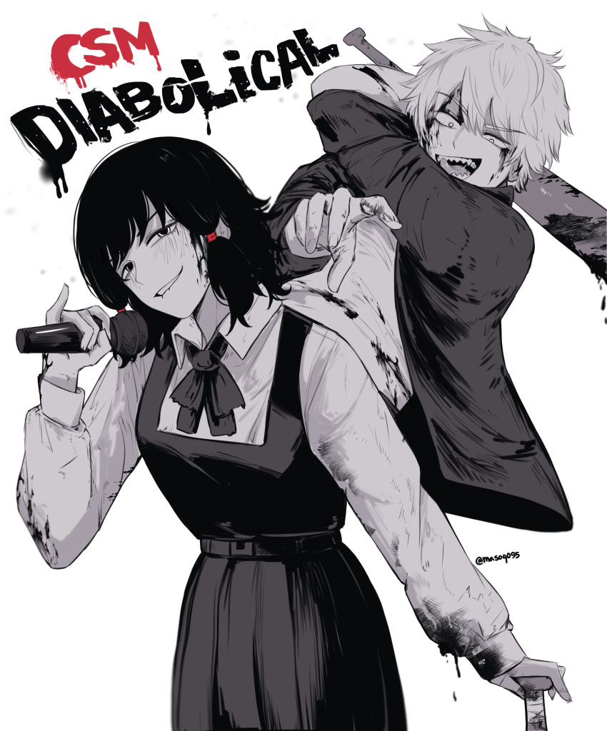 1boy 1girl absurdres arm_up baseball_bat belt blood blood_on_clothes blood_on_face blood_on_hands blood_on_weapon bow bowtie breasts chainsaw_man collared_shirt denji_(chainsaw_man) dress english_text fingernails greyscale hair_between_eyes hair_ornament hand_up highres holding holding_baseball_bat holding_microphone holding_weapon jacket long_sleeves looking_at_viewer medium_breasts microphone monochrome open_clothes open_jacket open_mouth puffy_long_sleeves puffy_sleeves sharp_teeth shirt short_hair simple_background smile t-shirt teeth tongue tongue_out v-shaped_eyebrows weapon zovokia