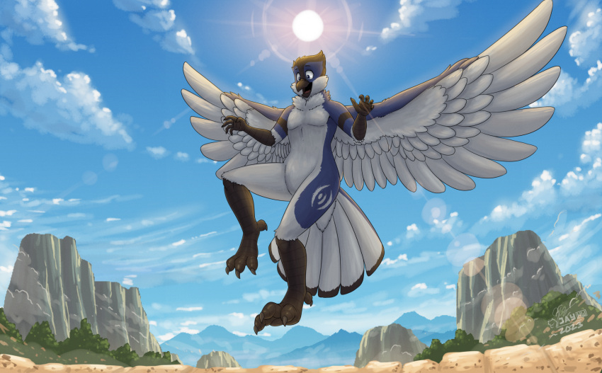 2023 3_toes 5_fingers anthro arm_stripes arm_tuft artist_logo avian back_wings beak bird black_beak black_body black_claws black_eyebrows black_feathers blue_body blue_eyes blue_feathers blue_sky cheek_tuft claws countershade_face countershade_legs countershade_torso countershading day detailed_background dipstick_feathers dipstick_tail elbow_tuft eyebrows facial_markings facial_tuft feathered_wings feathers featureless_crotch feet fingers flying head_markings head_tuft hi_res knee_tuft leg_markings leg_tuft lens_flare light light_beam logo low-angle_view male markings mountain neck_tuft nude open_beak open_mouth outside outstretched_arms pink_tongue plant rock sammfeatblueheart shaded shrub signature sky solo sun sunbeam sunlight tail tail_feathers tail_markings thigh_markings toes tongue tuft white_body white_clouds white_feathers wings