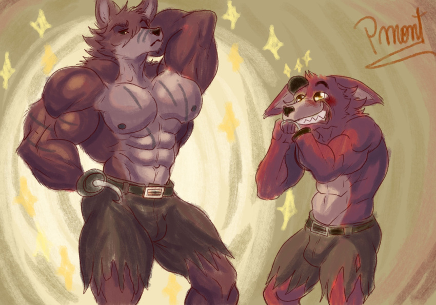 abs absurd_res anthro barazoku belt biceps blush bottomwear canid canine canis clothing duo ears_down fangs five_nights_at_freddy's five_nights_at_freddy's_4 fox foxy_(fnaf) happy hi_res hook looking_at_another male male/male mammal muscular muscular_anthro muscular_male nightmare_foxy_(fnaf) nipples pants pecs pinumontbalou pivoted_ears scar scottgames size_difference smile teeth