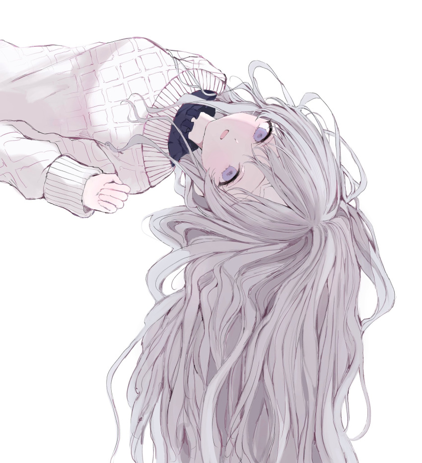 1girl bandaid bandaid_on_face bandaid_on_forehead grey_hair highres idolmaster idolmaster_shiny_colors long_hair long_sleeves looking_at_viewer lying on_back purple_eyes solo sweater upper_body white_background white_sweater yukoku_kiriko yuyuyuyhz