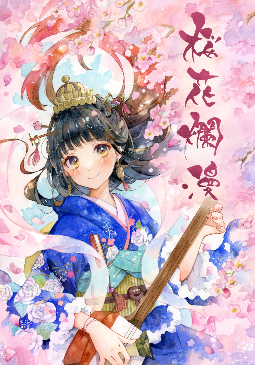 1girl absurdres bachi black_hair blue_kimono calligraphy closed_mouth commentary earrings english_commentary floating_hair floral_print hagoromo hair_ornament hair_stick hand_up headwear_request highres holding holding_instrument instrument japanese_clothes jewelry kimono long_hair looking_at_viewer mixed-language_commentary multicolored_hair nail_polish obi obiage obijime original petals pink_nails pink_shawl plectrum red_hair rose_print sash shamisen shawl solo traditional_media upper_body wind yellow_eyes yuyuharu_1027