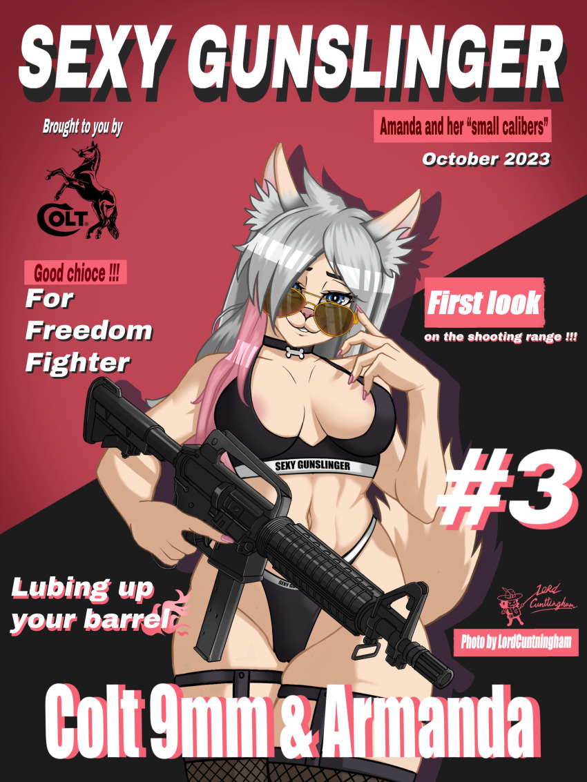 3:4 absurd_res amanda_(pistolpete) anthro barely_visible_nipples bedroom_eyes breasts camel_toe canid canine canis clothing colt's_manufacturing_company colt_m635 cover domestic_dog english_text eyewear female fishnet gun hi_res legwear lordcunninham magazine_cover mammal narrowed_eyes navel nipples profanity ranged_weapon seductive solo sunglasses text thigh_highs underwear weapon