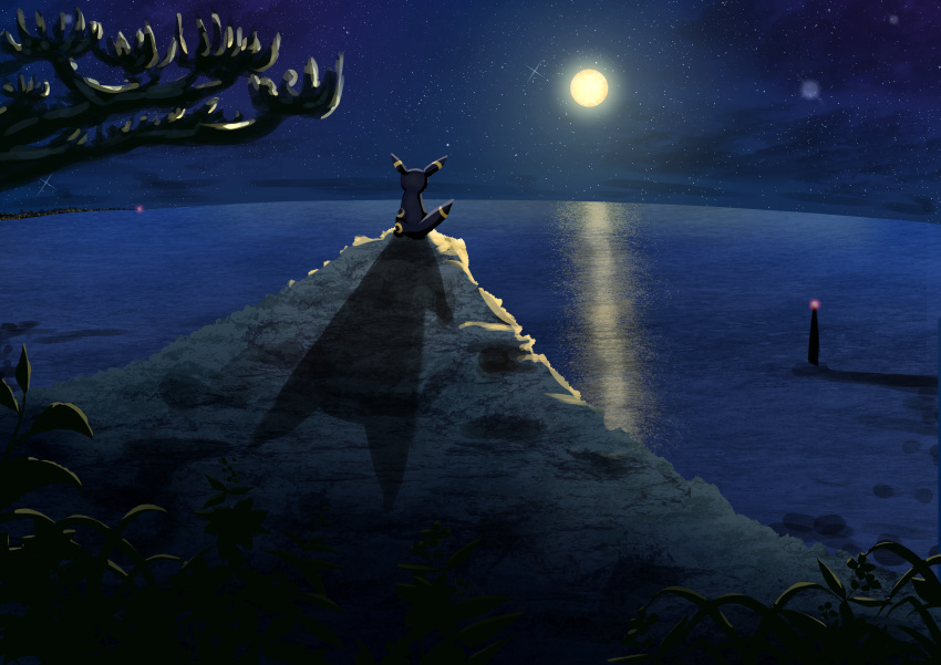 absurdres cloud commentary_request from_behind highres lighthouse moon night no_humans ocean outdoors pokemon pokemon_(creature) reflection scenery sitting sky umbreon water yellow-star-light