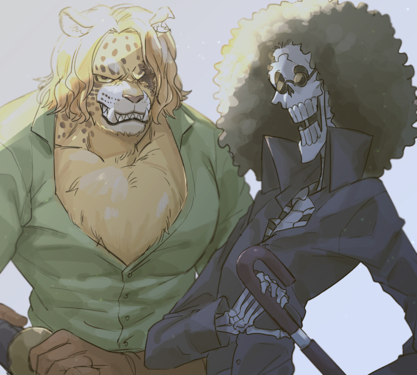 2boys afro alternate_costume bara black_hair blind blonde_hair brook_(one_piece) chest_tuft collared_shirt fangs fluffy furry furry_male green_shirt high_collar large_pectorals male_focus medium_hair multiple_boys one_piece panther_boy panther_ears partially_unbuttoned pectorals pedro_(one_piece) scar scar_across_eye sheath shirt skeleton smile sunglasses tomatop umbrella_sword unsheathing upper_body