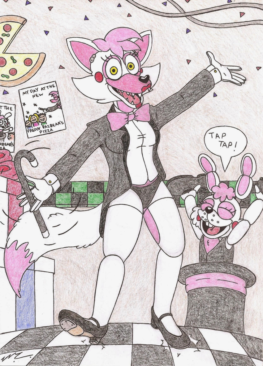 2015 5_fingers alternate_universe anthro black_clothing black_coat black_footwear black_heels black_panties black_shoes black_tie_(suit) black_top_hat black_topwear black_underwear black_vest blush blush_stickers bonnie_(fnaf) bow_tie buckteeth canid canine checkered_floor cheek_tuft clothing coat crossgender dance_shoes dancewear dancing dipstick_tail drawings duo eye_markings eyelashes eyes_closed facial_markings facial_tuft fan_character female fingers five_nights_at_freddy's five_nights_at_freddy's_2 food footwear fox fur gift gloves graphite_(artwork) hair handwear hat head_markings headgear headwear hi_res high_heels holding_cane holding_clothing holding_footwear holding_object holding_shoes leg_markings lips lipstick looking_at_viewer machine makeup male mammal mangle_(fnaf) markings mary_janes motion_lines mtf_crossgender multicolored_body multicolored_fur muzzle_(marking) on_heel open_mouth open_smile panties pencil_(artwork) pink_bow_tie pink_eyelids pink_hair pink_markings pink_neckwear pink_tail_tip pizza red_lips red_lipstick ribbons robot scottgames sega-htf shirt shirt_cuffs shoes smile smiling_at_viewer snout snout_markings solo_focus speech_bubble suit tail tail_markings tailcoat tap_dancing tap_shoes teeth thigh_markings top_hat topwear traditional_media_(artwork) tuft two_tone_body two_tone_fur two_tone_tail underwear vest white_body white_clothing white_fur white_gloves white_handwear white_shirt white_shirt_cuffs white_topwear