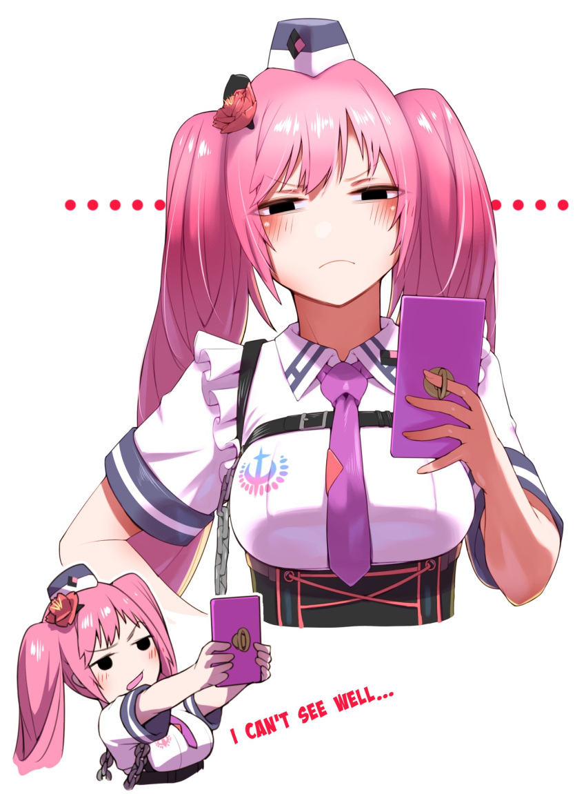 black_headwear blush breasts cellphone chibi closed_mouth collared_shirt cropped_torso english_text flower fune_(fune93ojj) garrison_cap goddess_of_victory:_nikke hair_flower hair_ornament hat highres holding holding_phone large_breasts long_hair necktie phone pink_hair purple_necktie quiry_(nikke) shirt short_sleeves smartphone twintails white_background white_shirt