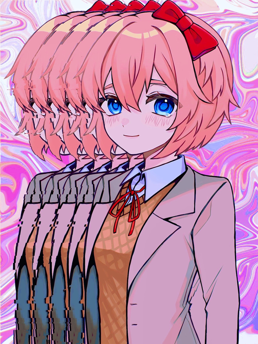 0tz026 1girl afterimage blazer blue_eyes bow breasts collared_shirt distortion doki_doki_literature_club glitch hair_bow highres jacket long_sleeves looking_at_viewer neck_ribbon pink_background pink_hair red_bow red_ribbon ribbon sayori_(doki_doki_literature_club) shirt short_hair small_breasts solo tearing_up upper_body white_shirt