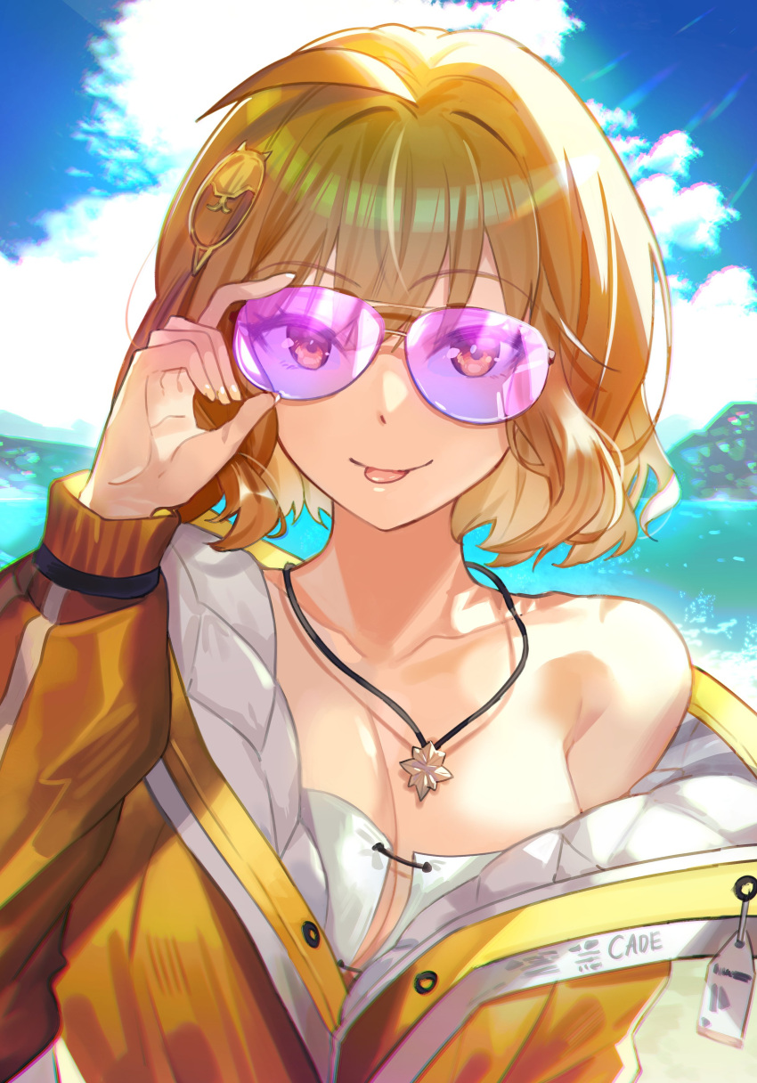 1girl absurdres adjusting_eyewear ahoge anis_(nikke) anis_(sparkling_summer)_(nikke) bare_shoulders beach bikini blonde_hair breasts cleavage collarbone day eyepatch_bikini fare goddess_of_victory:_nikke hair_ornament highres jacket jewelry large_breasts necklace ocean off_shoulder pink-tinted_eyewear short_hair string_bikini sunglasses swimsuit tinted_eyewear tongue tongue_out two-sided_fabric two-sided_jacket upper_body water white_bikini white_jacket yellow_eyes yellow_jacket