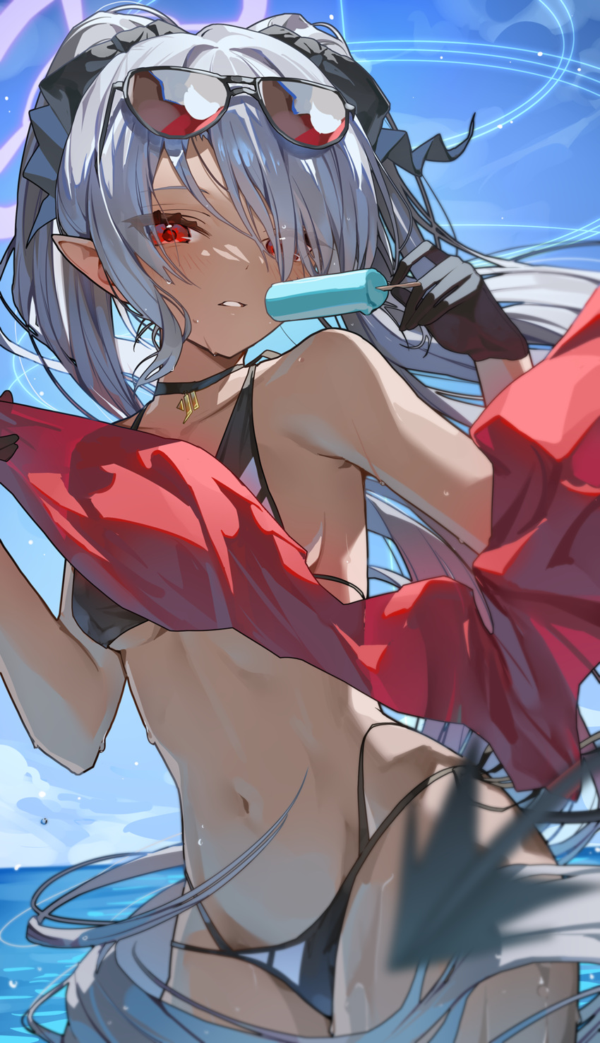 1girl absurdres bare_shoulders beach bikini black_bikini black_choker black_gloves blue_archive blue_sky blush breasts choker cloud collarbone cowboy_shot dark-skinned_female dark_skin day eyewear_on_head gloves hair_between_eyes hair_ornament hair_over_one_eye highres iori_(blue_archive) iori_(swimsuit)_(blue_archive) jewelry long_hair looking_at_viewer navel ningen_mame ocean official_alternate_costume outdoors parted_lips pointy_ears red_eyes sky smile solo stomach sunglasses swimsuit very_long_hair water