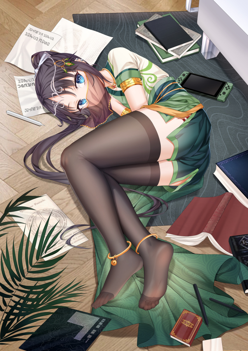 1boy absurdres anklet armlet black_hair black_thighhighs blue_eyes blush chain commission ear_piercing feet full_body gold_chain highres jewelry legs lying mouth_veil neck_ring nintendo_switch no_shoes on_floor on_side original otoko_no_ko piercing soles solo thighhighs thighlet tiara toenails toes veil xo_(xo17800108)