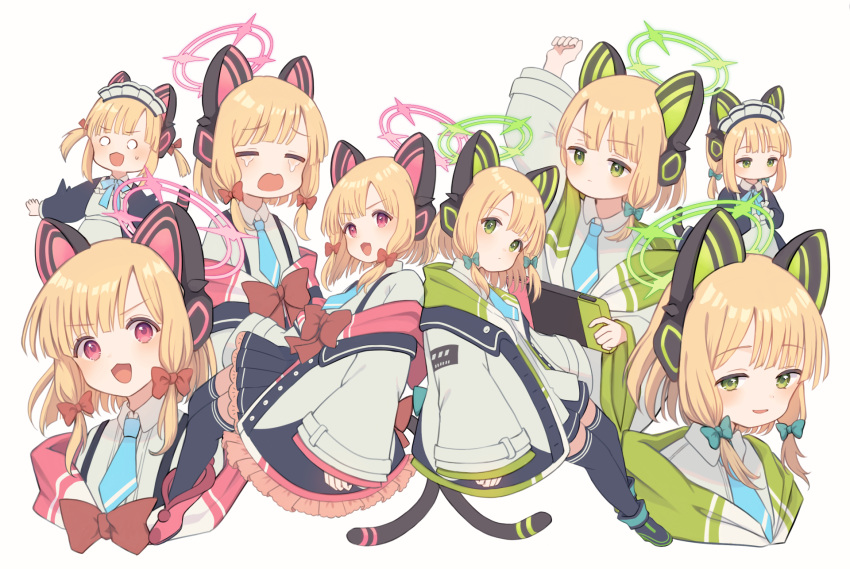 2girls alternate_costume animal_ear_headphones animal_ears aqua_bow aqua_necktie arm_up black_skirt black_thighhighs blonde_hair blue_archive bow cat_tail closed_mouth collared_shirt crying fake_animal_ears green_halo hair_bow halo headphones highres long_sleeves maid maid_headdress marekamico midori_(blue_archive) midori_(maid)_(blue_archive) momoi_(blue_archive) momoi_(maid)_(blue_archive) multiple_girls necktie o_o open_mouth pink_halo red_bow shirt short_hair siblings simple_background sisters skirt smile tail thighhighs twins white_background white_shirt wide_sleeves