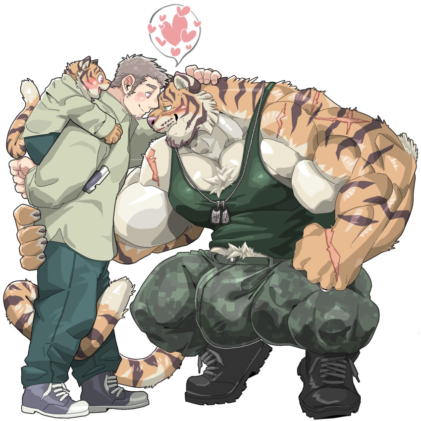 &lt;3 abs anthro arm_scar big_bulge big_muscles boots bottomwear bulge camo camo_bottomwear camo_clothing camo_pants camo_print carrying chan_kiti_chan_(artist) clothing dog_tags facial_scar family father_(lore) father_and_child_(lore) father_and_son_(lore) felid footwear fur group hi_res holding_partner human human_on_anthro interspecies jacket larger_anthro larger_male male male/male mammal military military_clothing multicolored_body multicolored_fur muscular muscular_anthro muscular_male pantherine pants parent_(lore) parent_and_child_(lore) parent_and_son_(lore) pattern_bottomwear pattern_clothing pattern_pants pecs piggyback romantic romantic_couple scar shirt size_difference smaller_anthro smaller_human smaller_male son_(lore) striped_body striped_fur stripes tank_top tiger topwear trio white_body white_fur yellow_body yellow_fur